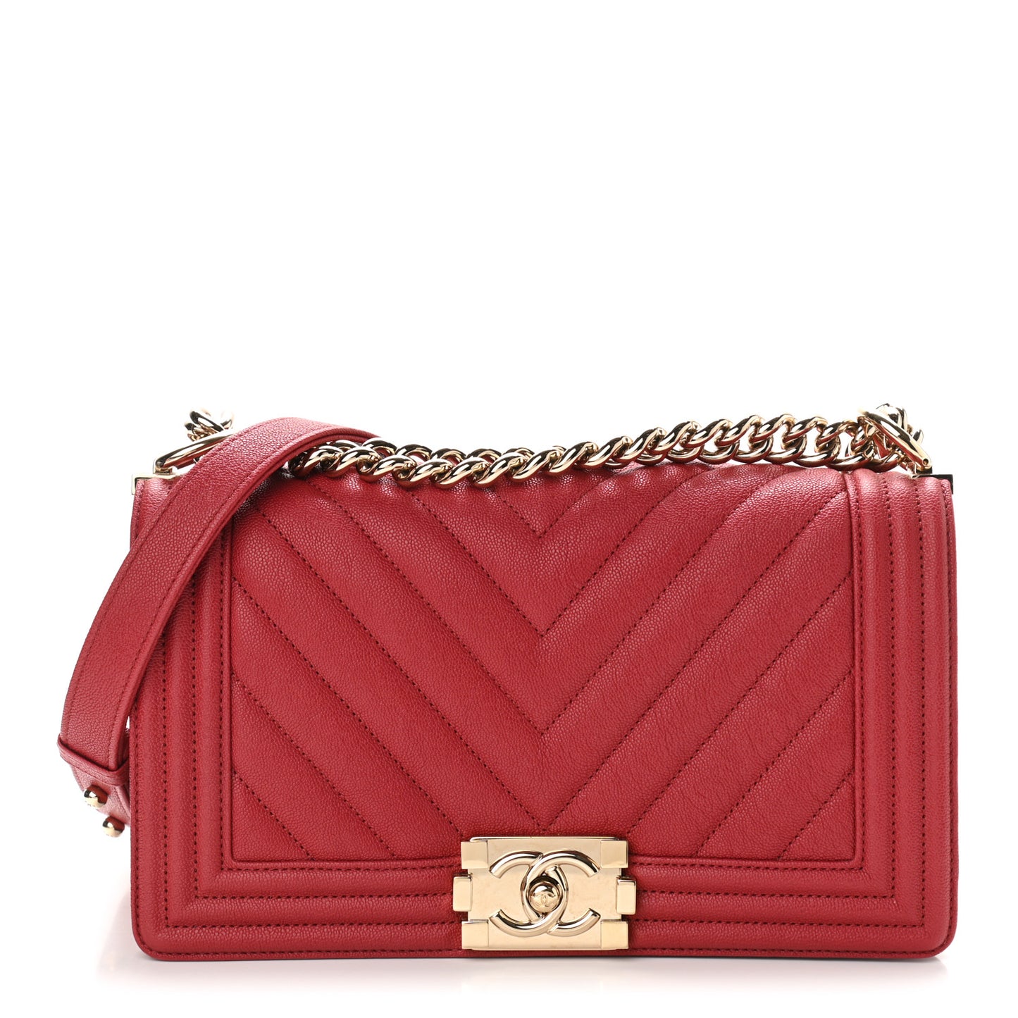 Caviar Chevron Quilted Medium Boy Flap Red