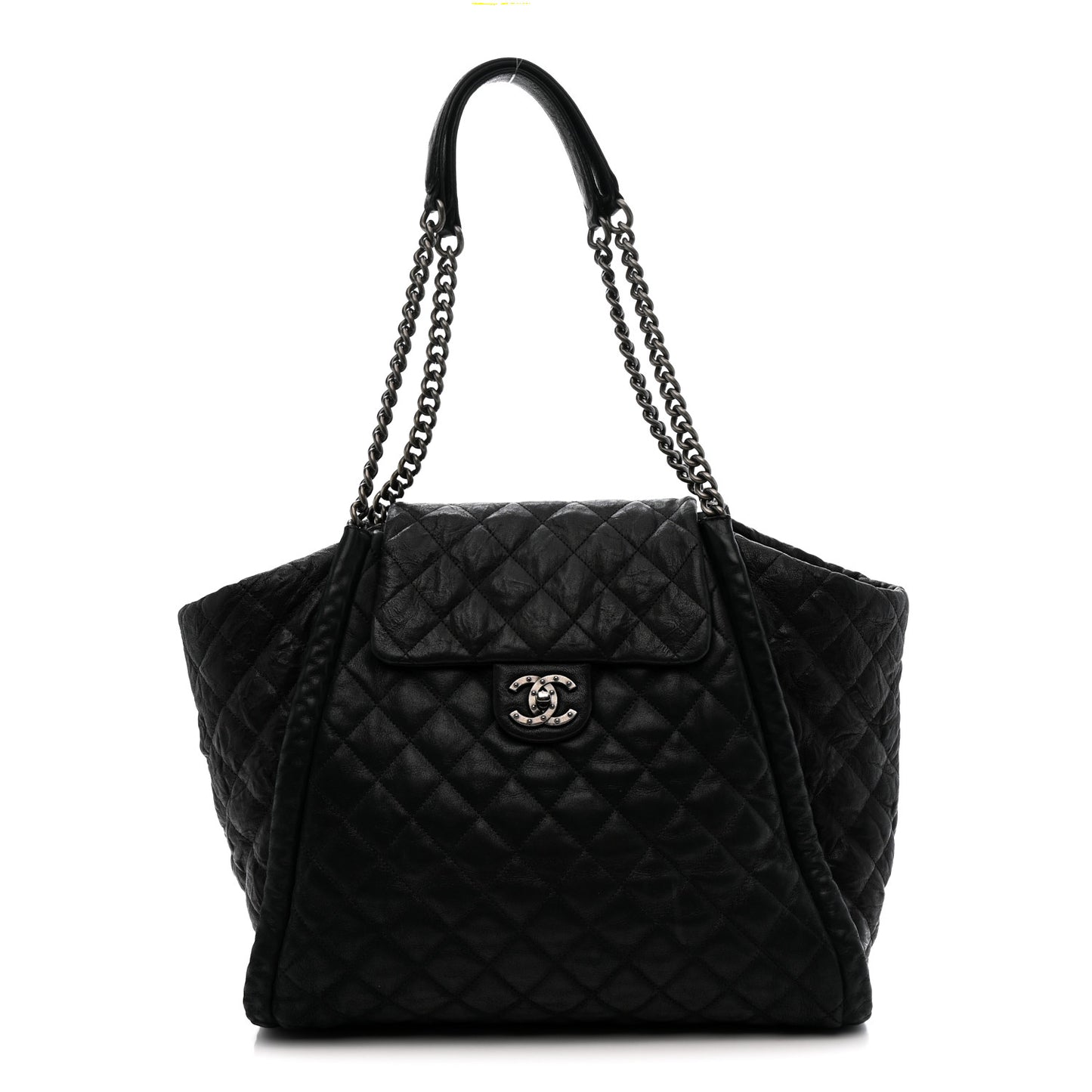 Crumpled Calfskin Iridescent Calfskin Hidden Chain Large Quilted Shopping Tote Black