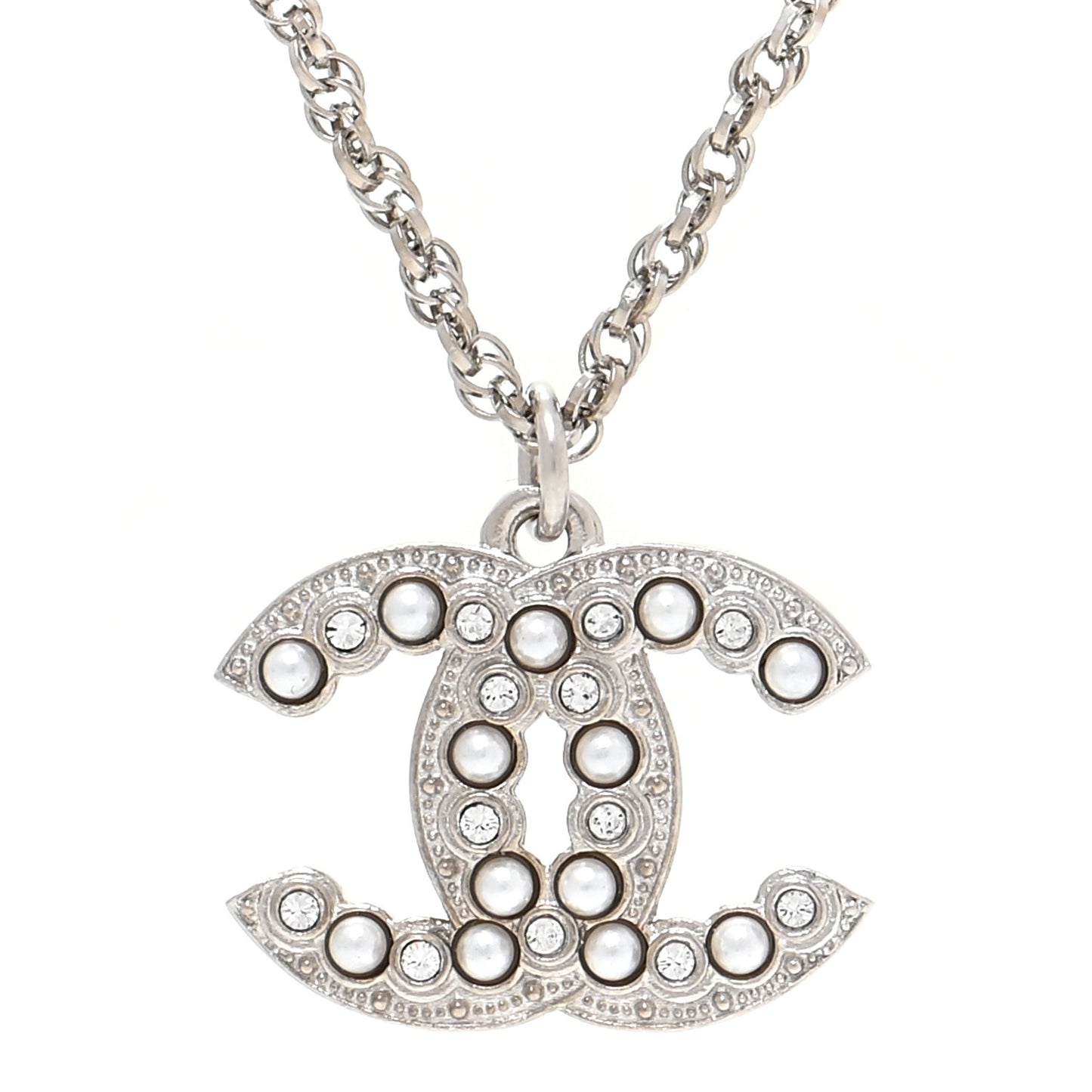 Pearl Crystal CC Pendant Necklace Silver