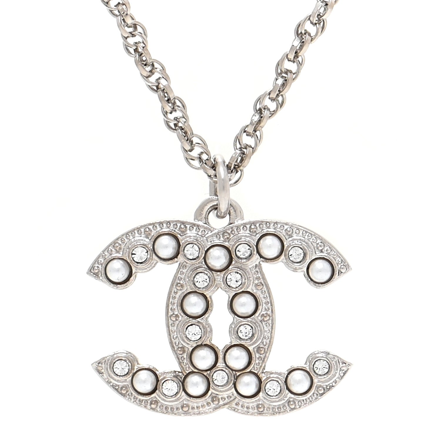 Chanel Pearl Crystal CC Pendant Necklace Silver 4 of 5