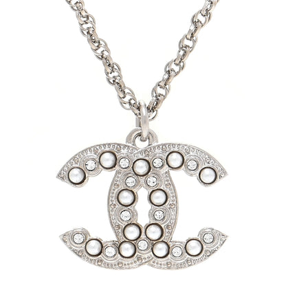 Chanel Pearl Crystal CC Pendant Necklace Silver 4 of 5