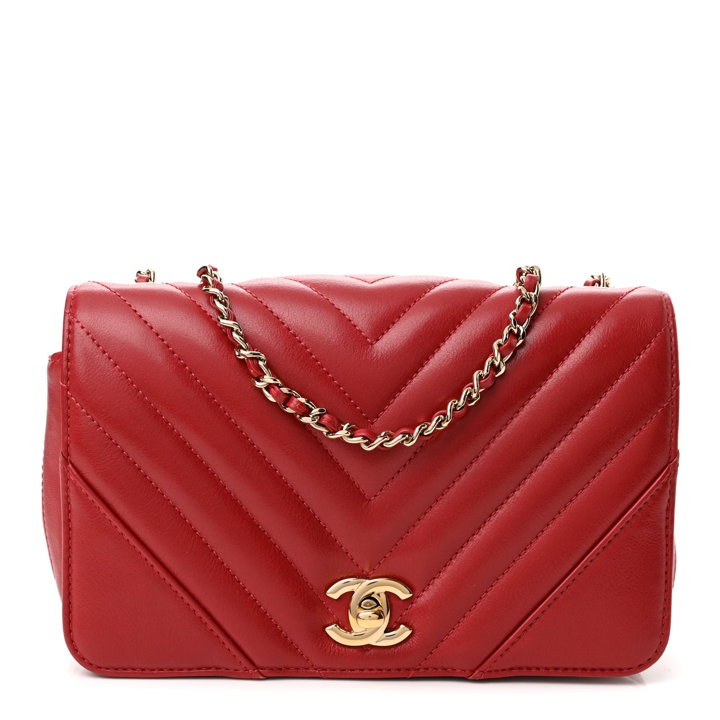 Calfskin Chevron Quilted Mini Statement Flap Red