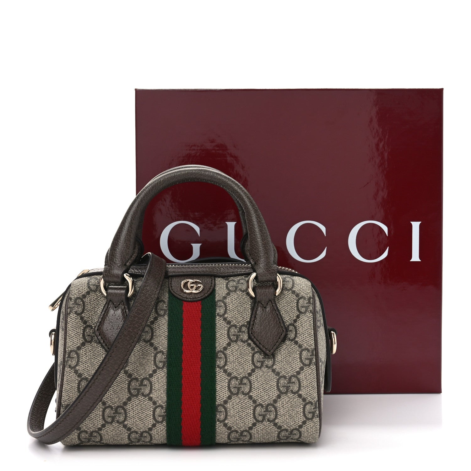 Gucci GG Supreme Monogram Web Mini Ophidia Boston Bag Beige Dark Brown Beige Dark Brown 10 of 10