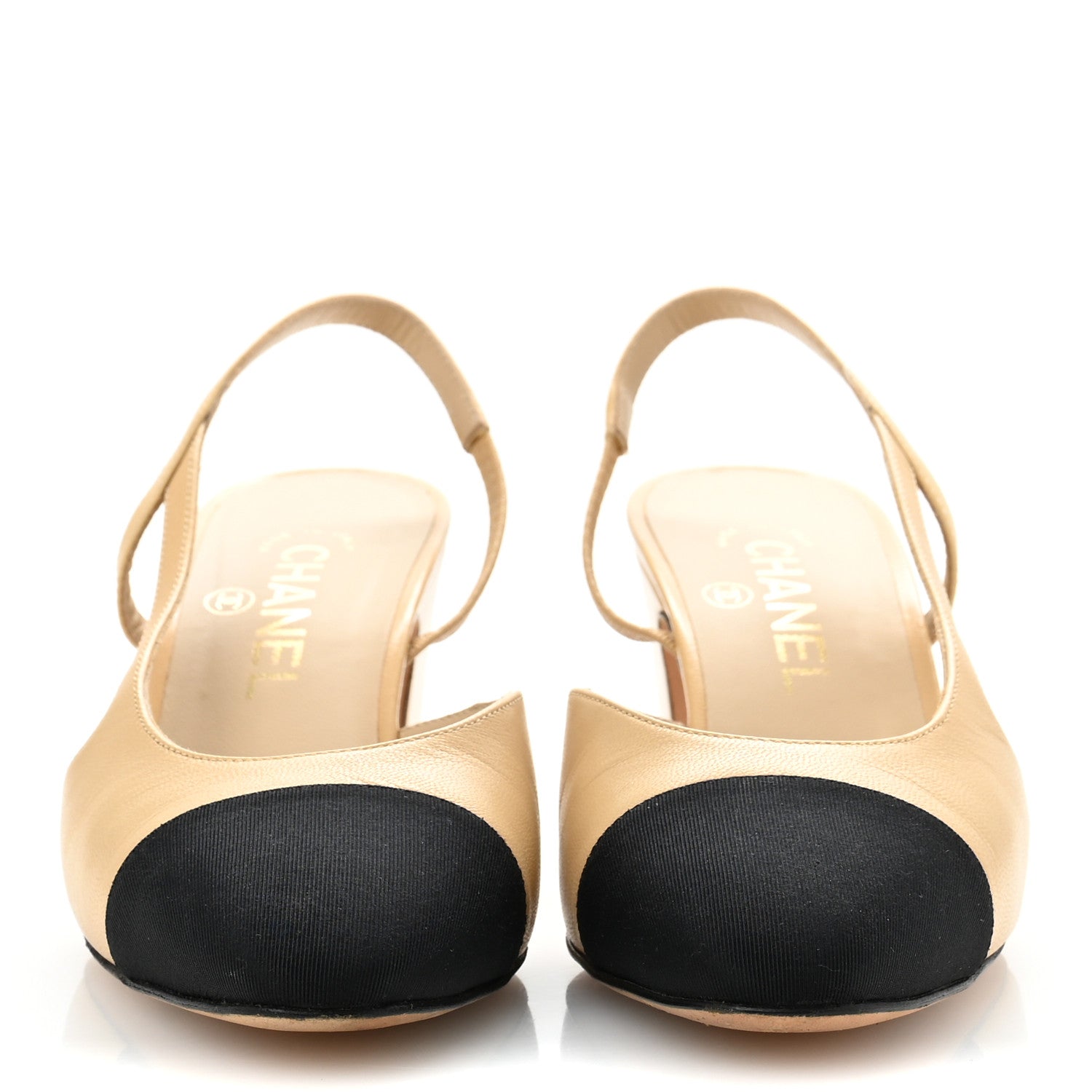 Chanel Goatskin Grosgrain Cap Toe CC Slingback Pumps 38 Beige Black 3 of 10