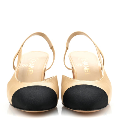 Chanel Goatskin Grosgrain Cap Toe CC Slingback Pumps 38 Beige Black 3 of 10