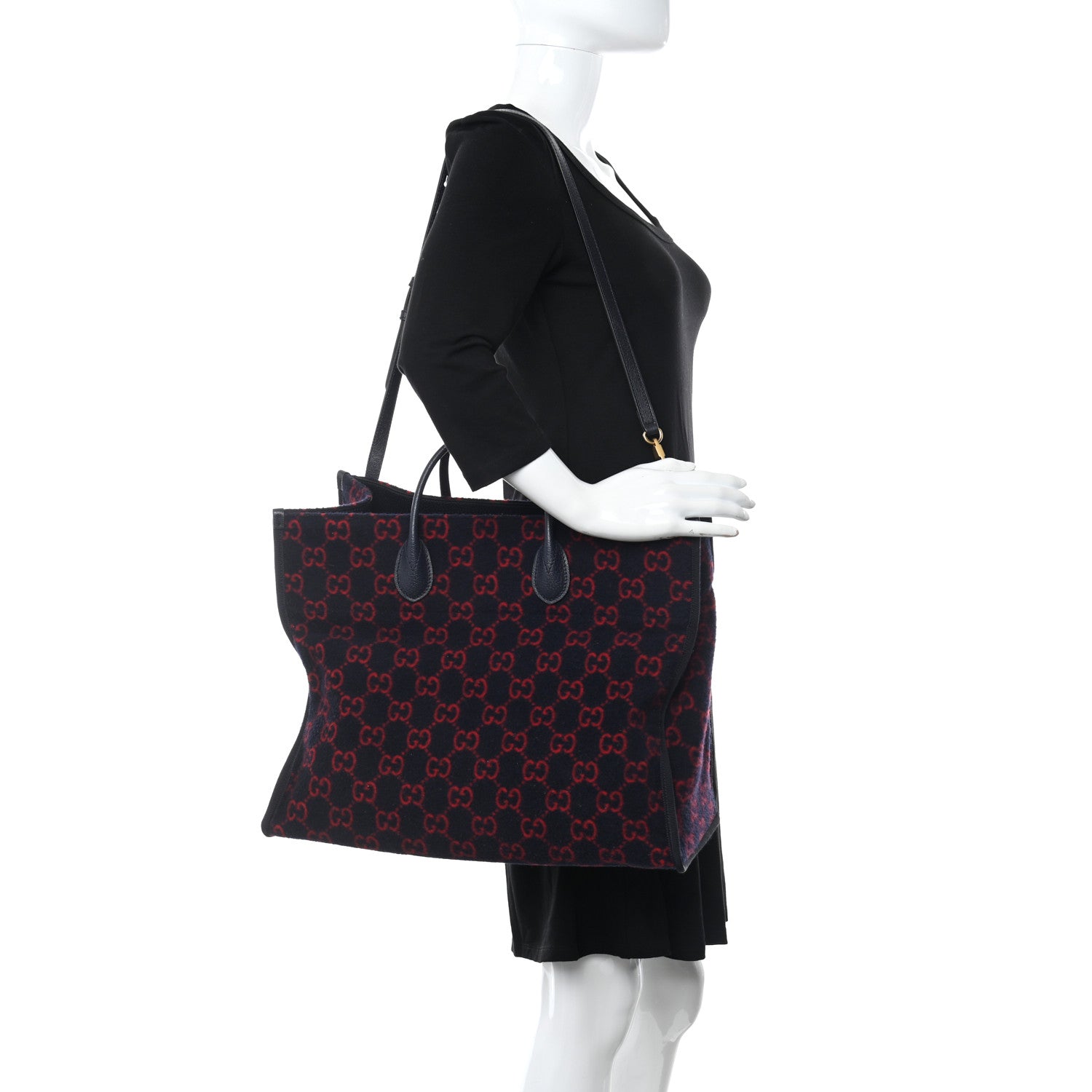 Gucci Covered Wool Textured Dollar Calfskin GG Monogram Large Tote Bag Blue Red 2 of 11