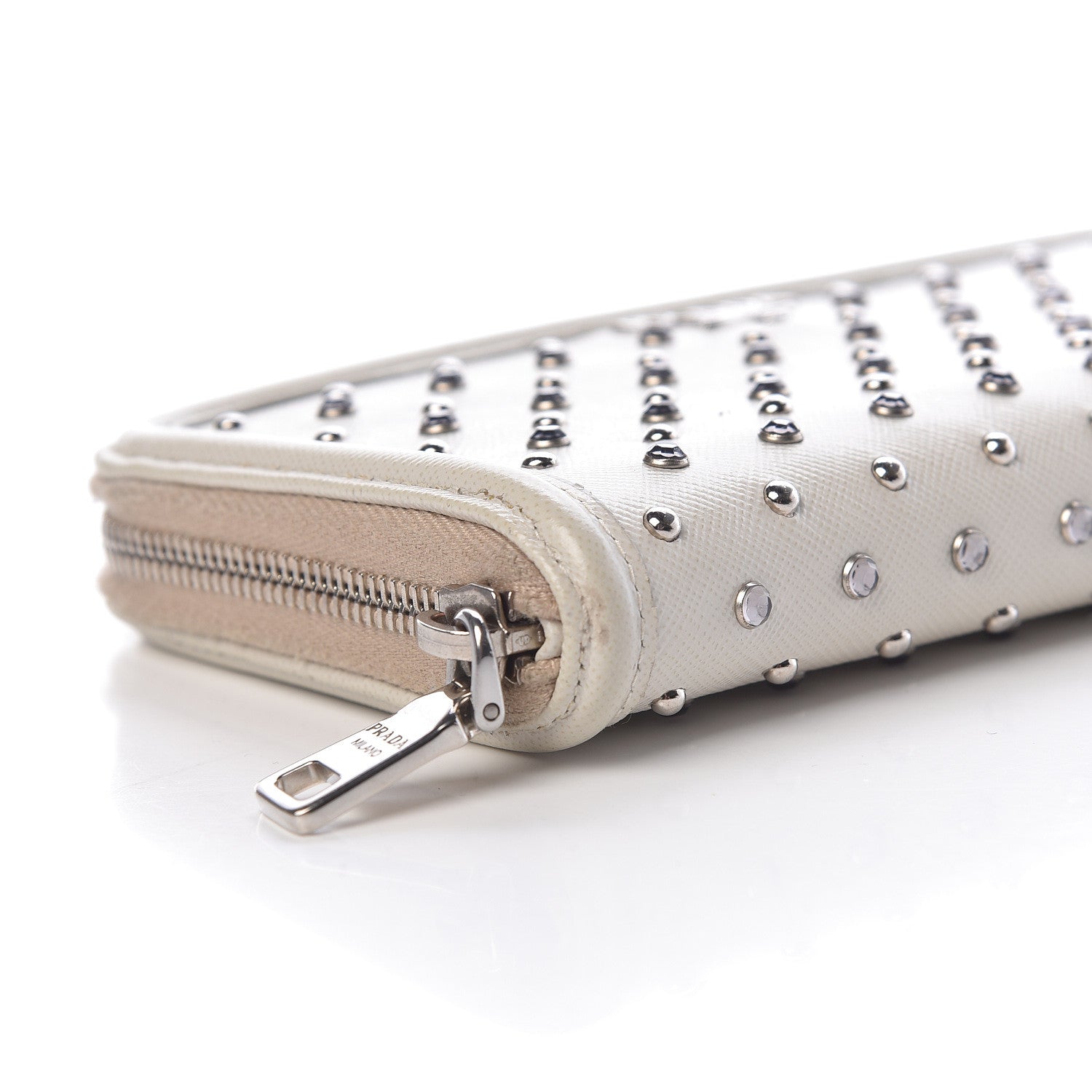 Prada Saffiano Vernice Crystal Studded Zip Around Wallet White 6 of 13
