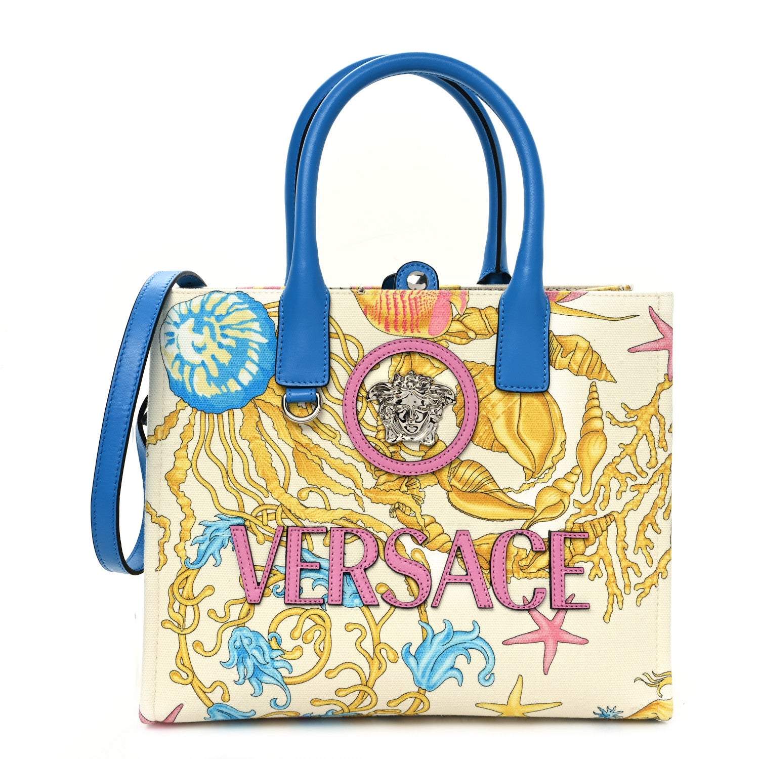 Versace Canvas Barocco Underwater Medusa Small Tote Light Blue White 1 of 10