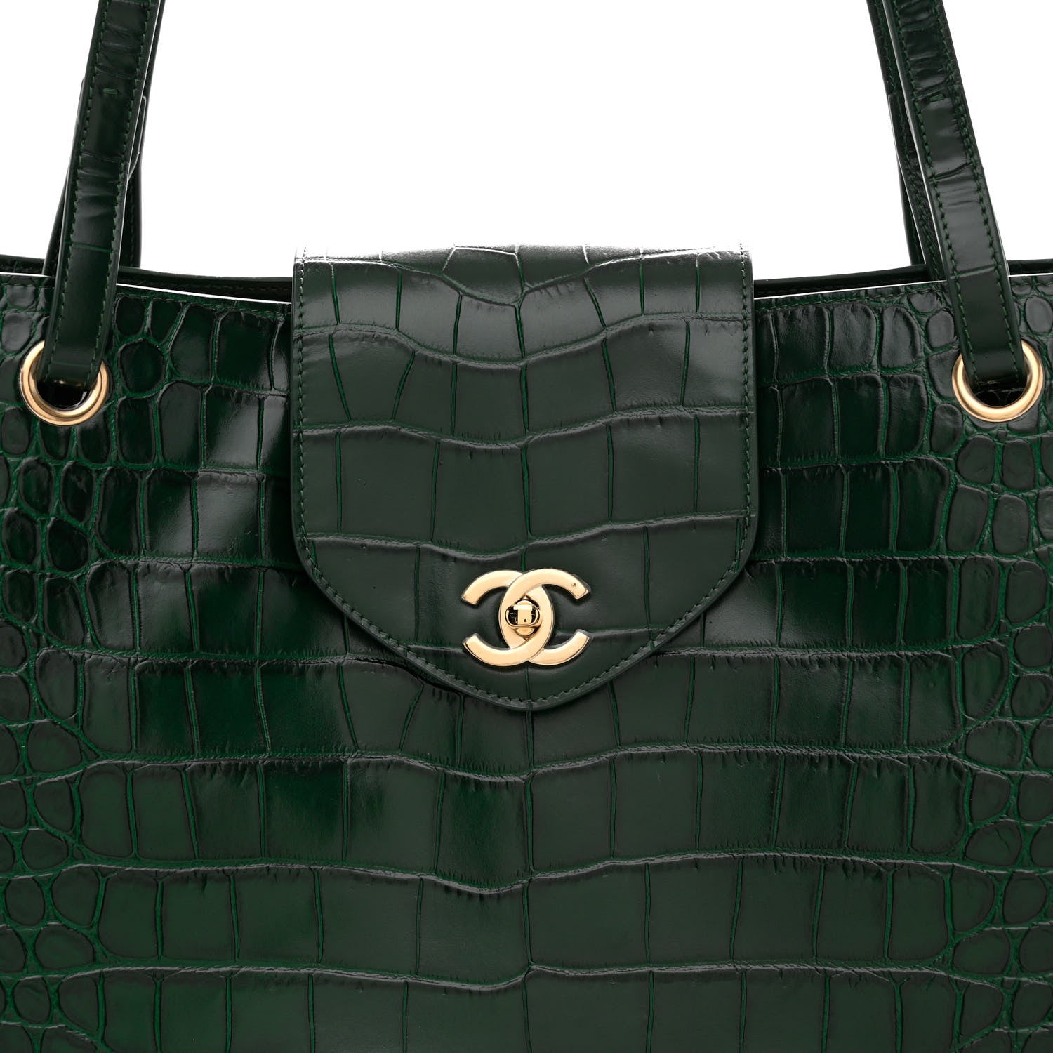 Chanel Calfskin Crocodile Embossed Large Shopping Bag Dark Green