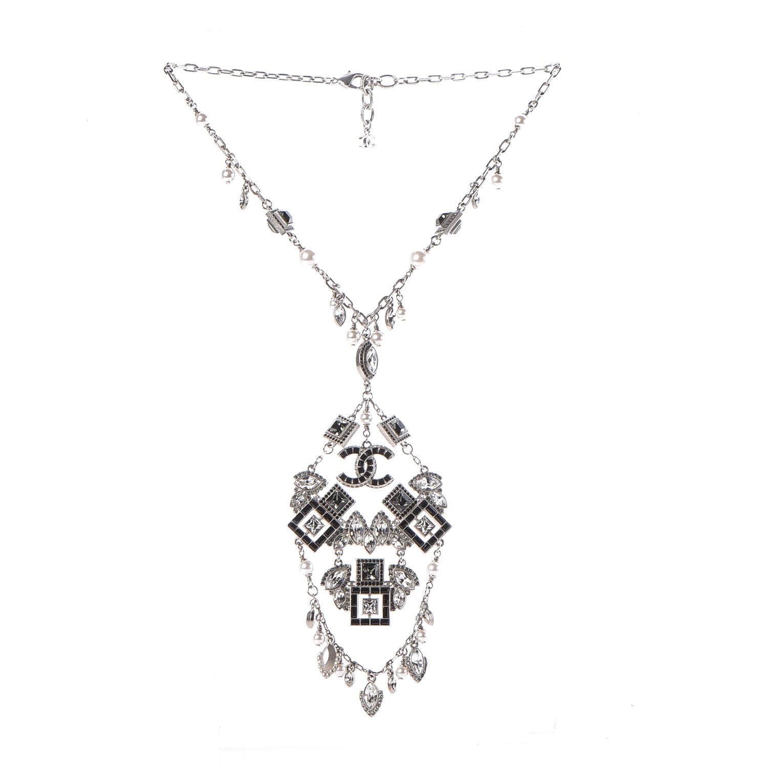 Chanel Crystal Strass Pearl CC Necklace Silver Black 4 of 6
