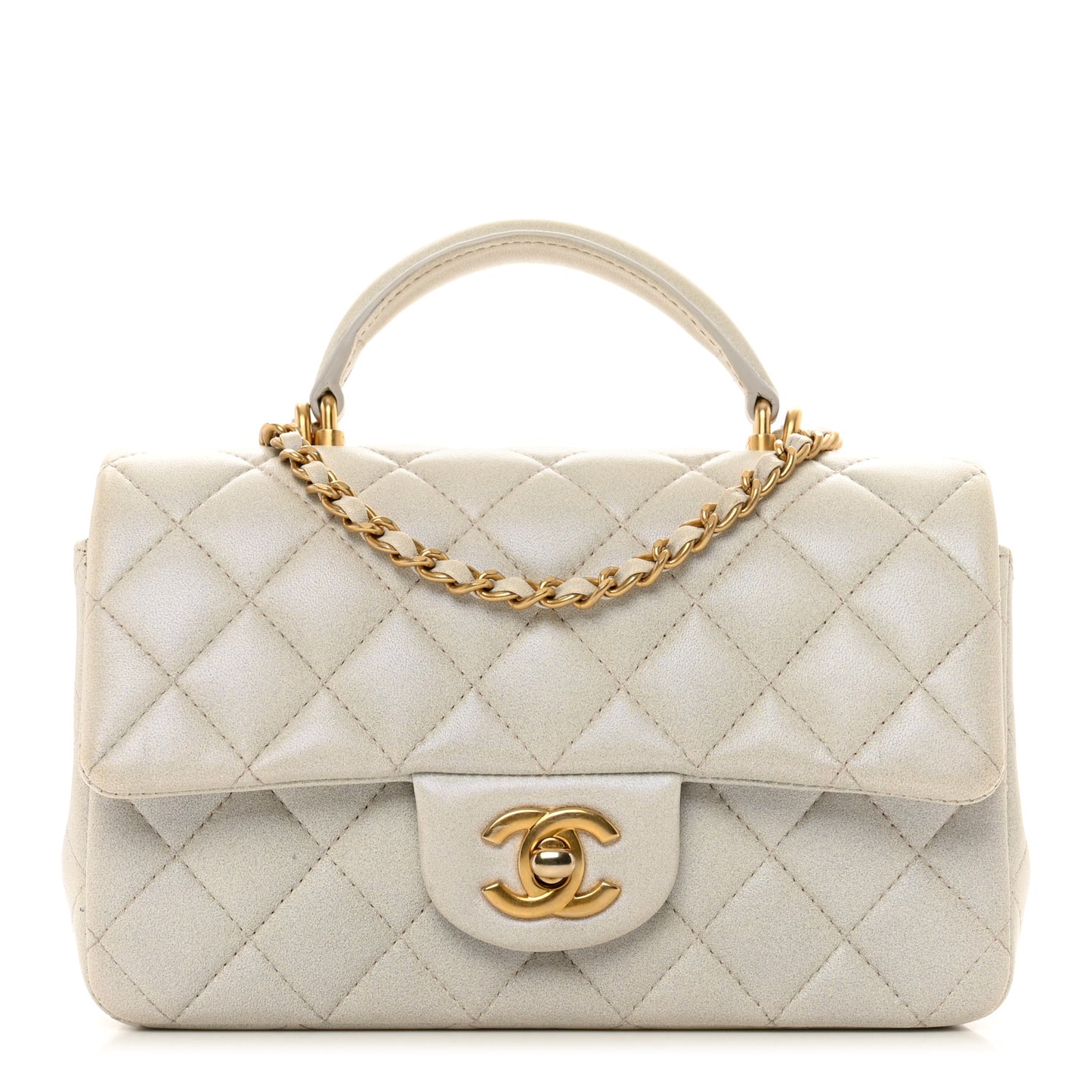 Iridescent Lambskin Quilted Mini Top Handle Rectangular Flap White