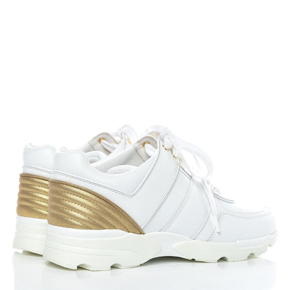 Chanel Calfskin Laminated Lambskin Womens CC Sneakers 37 White Gold 4 of 10