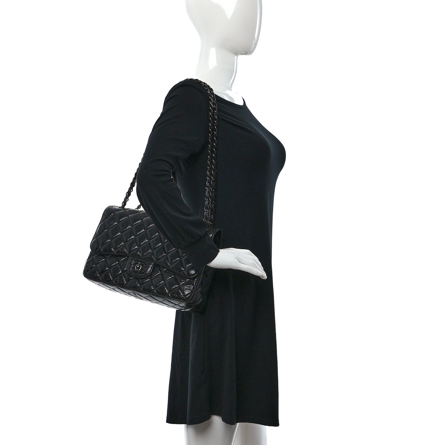 Chanel Shiny Distressed Calfskin Quilted Jumbo Double Flap So Black 2 of 13