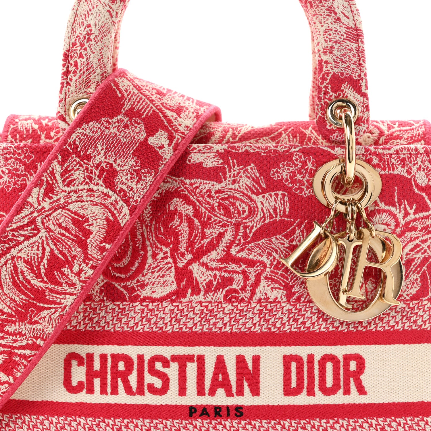 Christian Dior Canvas Toile De Jouy Reverse Embroidered Medium Lady D-Lite Red 8 of 11