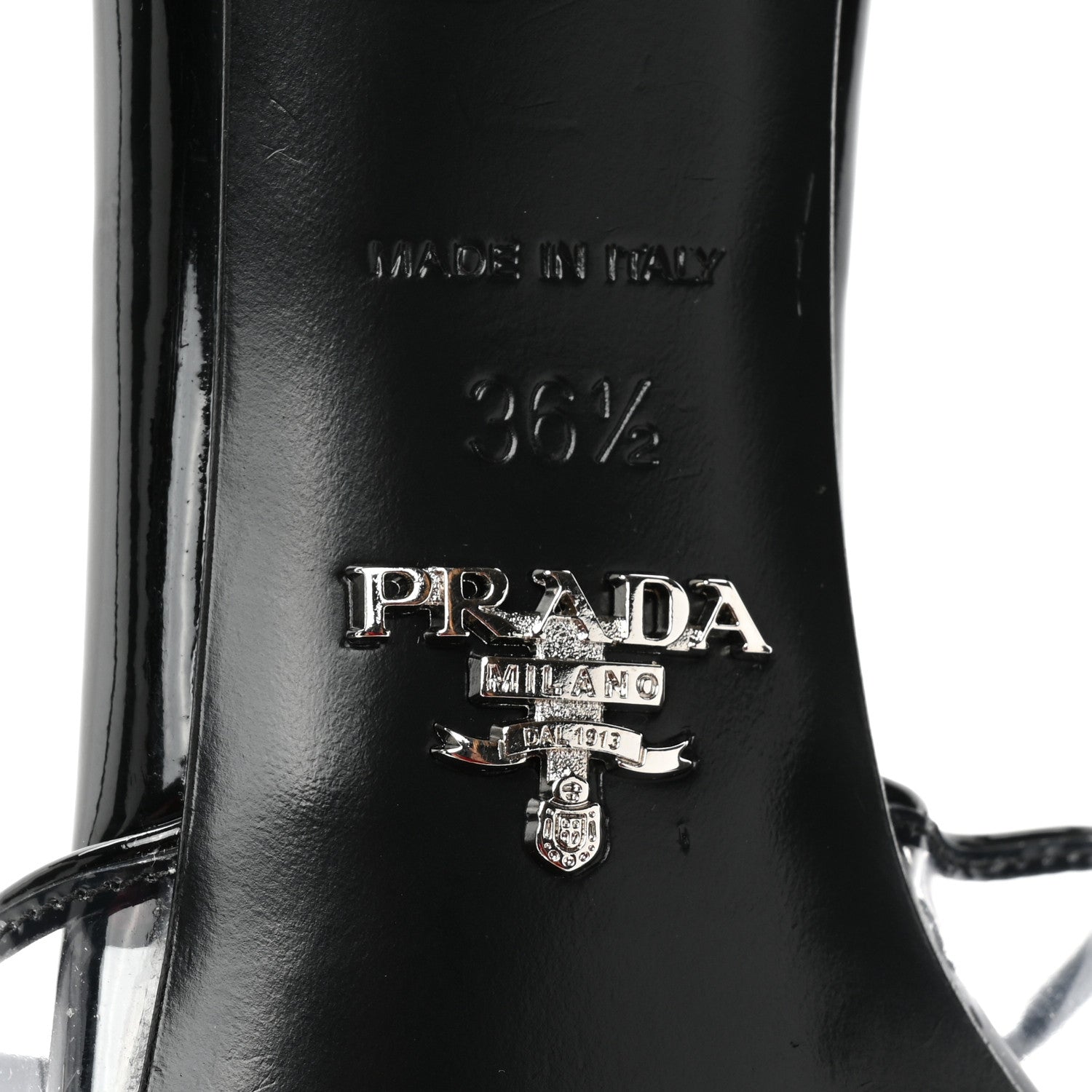 Prada Plexiglass Vernice Metal Triangle Logo 65mm Slide Sandals 36.5 Black 6 of 9