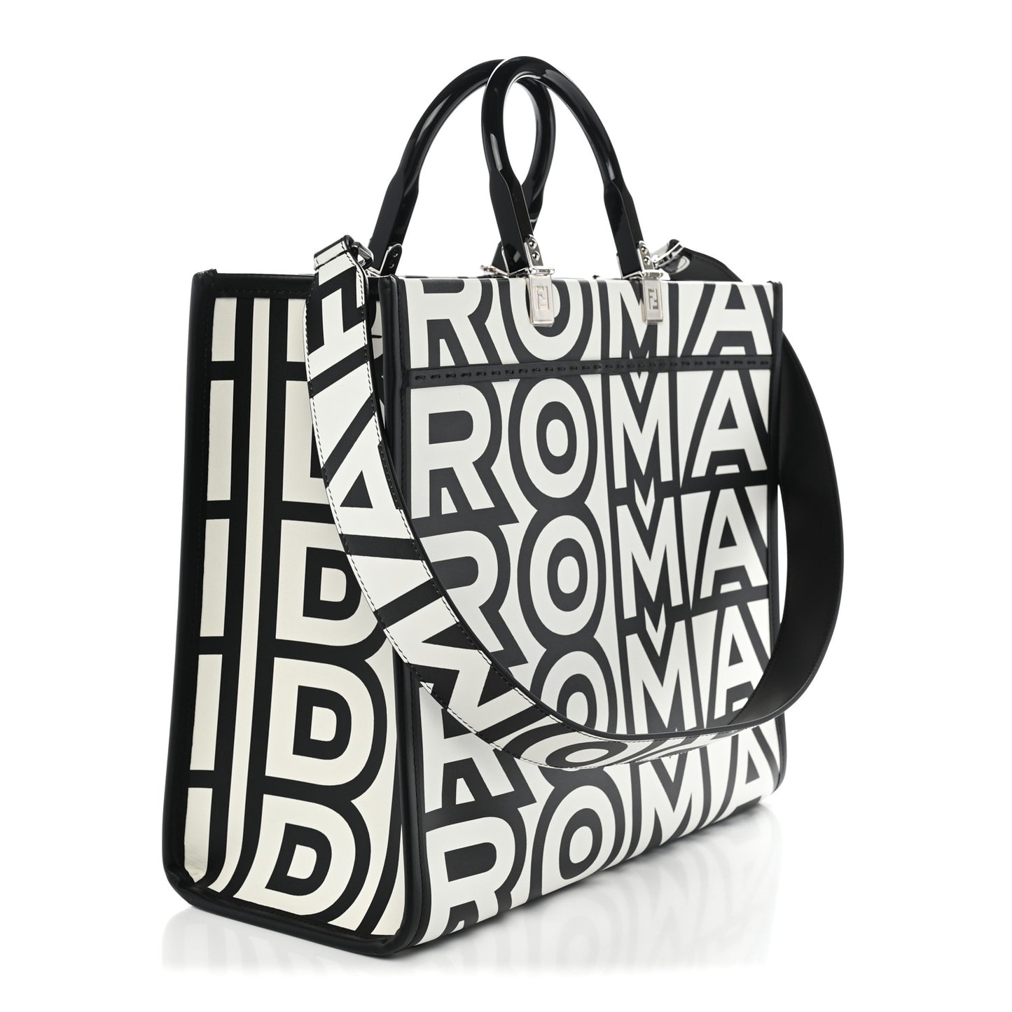 X MARC JACOBS Vitello King Logo Print Medium Fendi Sunshine Shopper Tote Black White