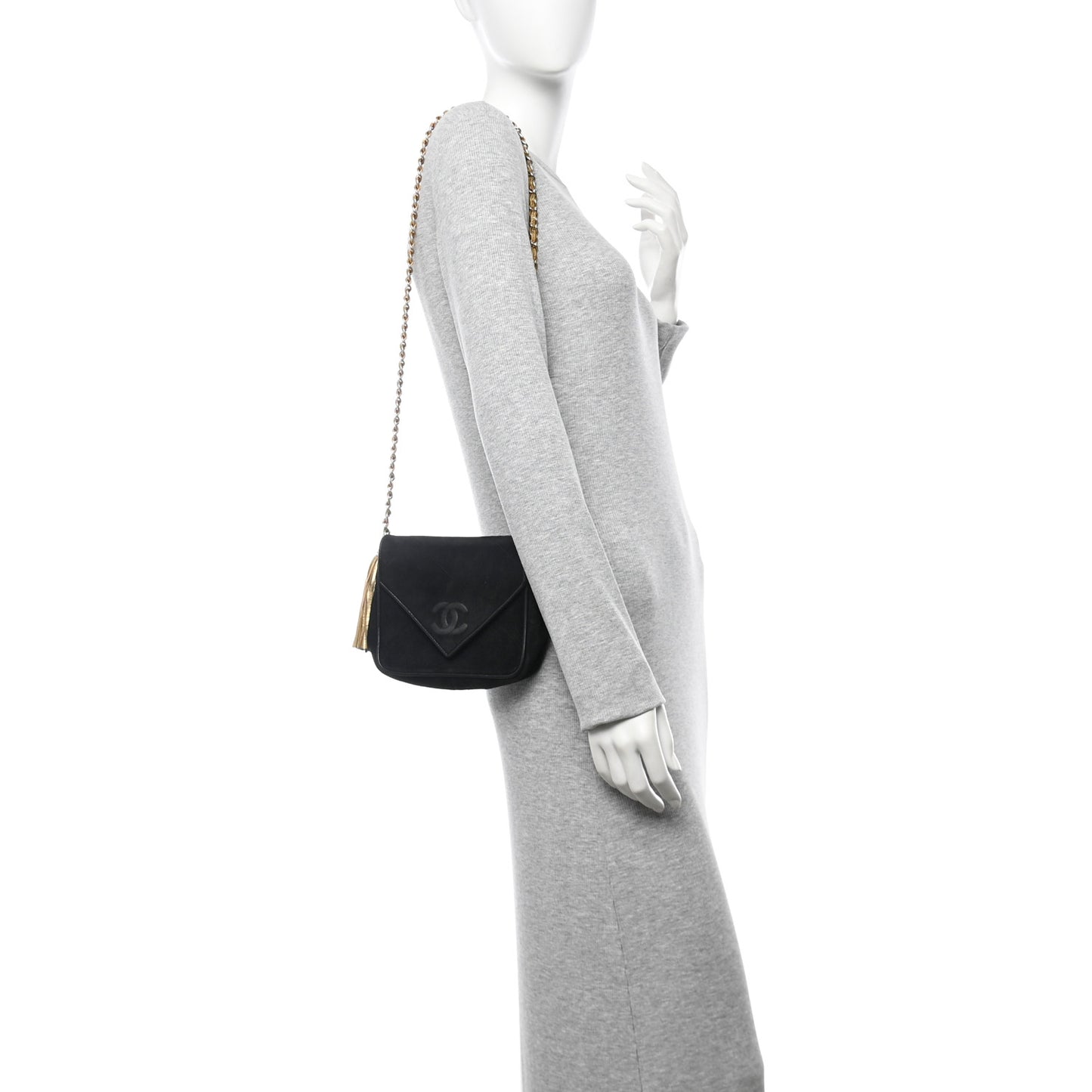Suede Quilted CC Tassel Flap Crossbody Black Gold