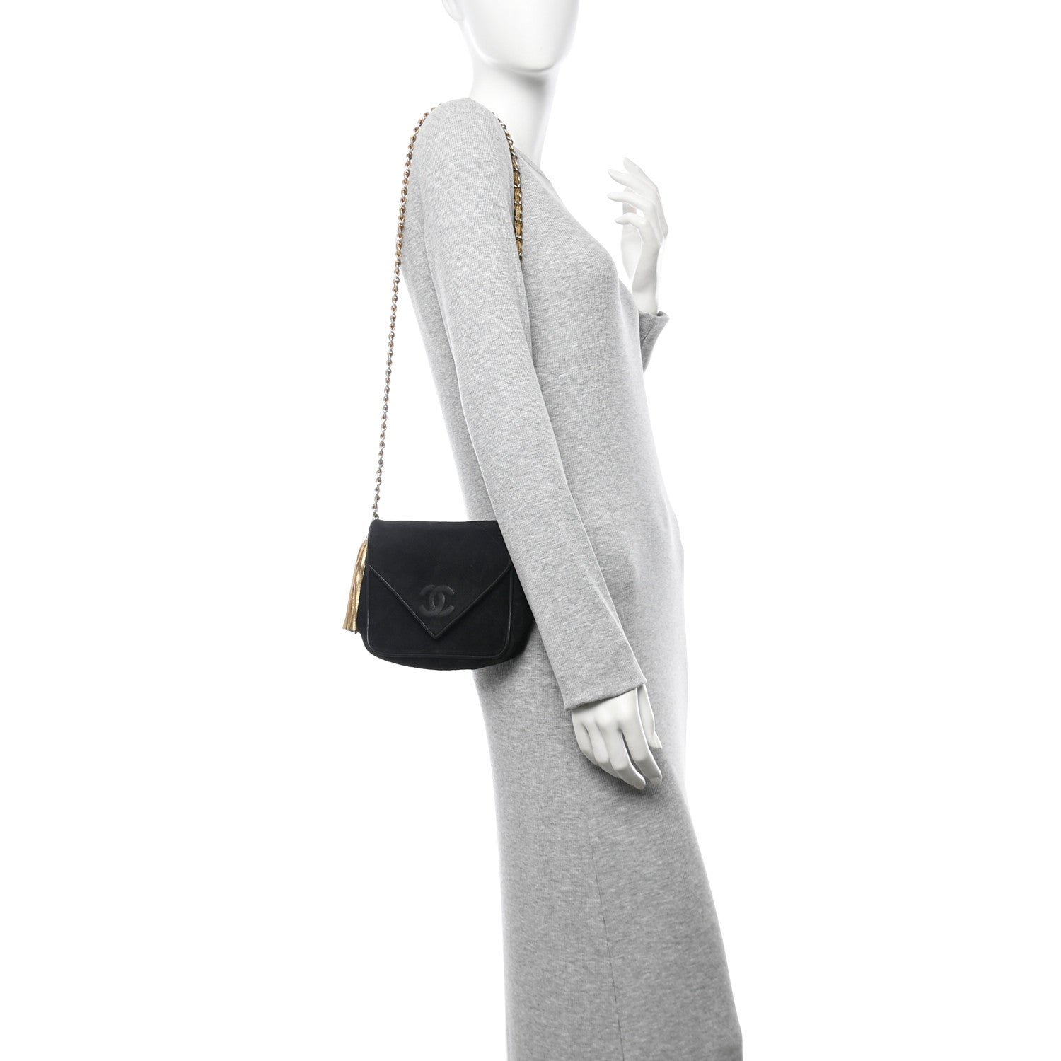 Chanel Suede Quilted CC Tassel Flap Crossbody Black Gold 2 of 15