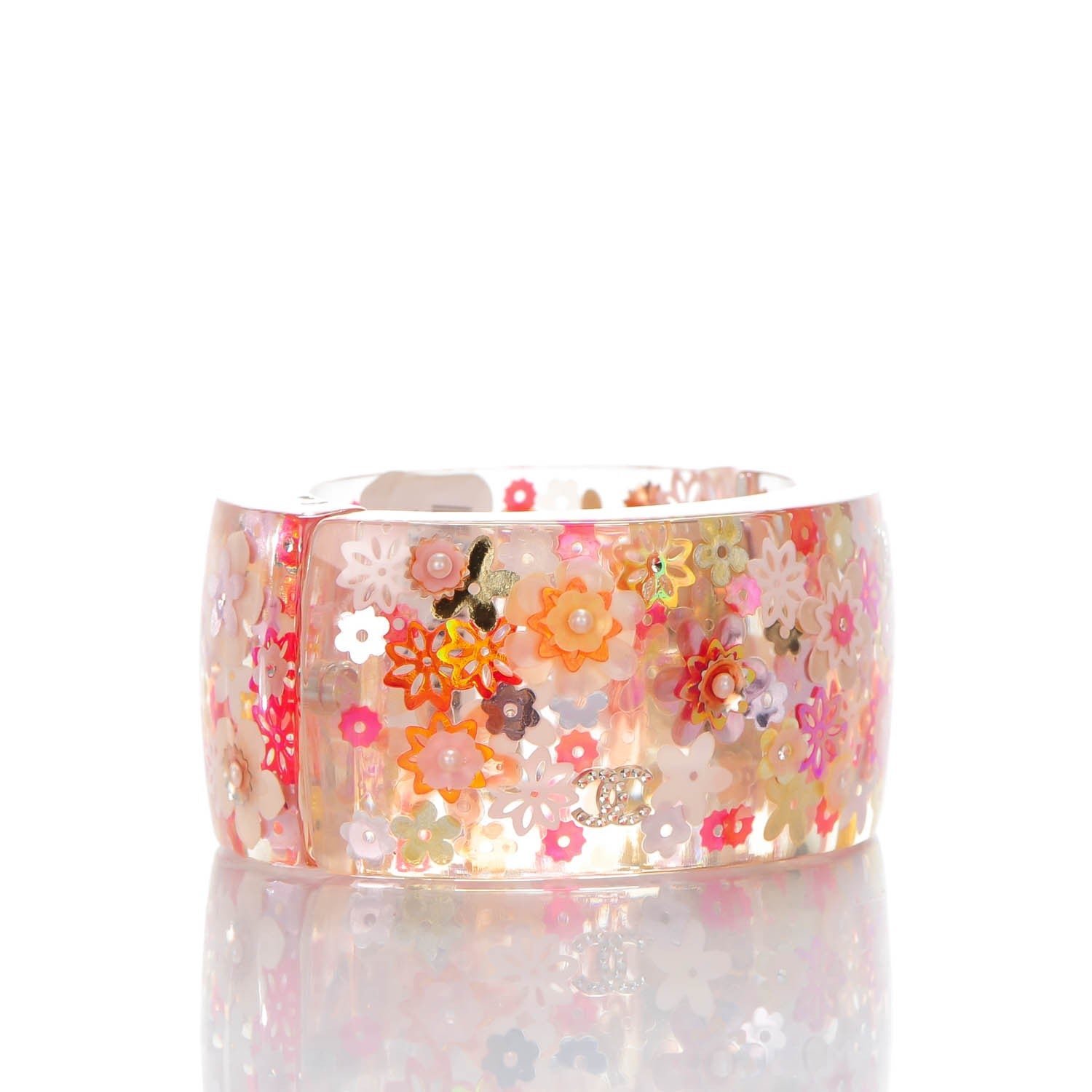 Chanel Resin CC Camellia Floral Cuff Transparent Pink Gold 3 of 6