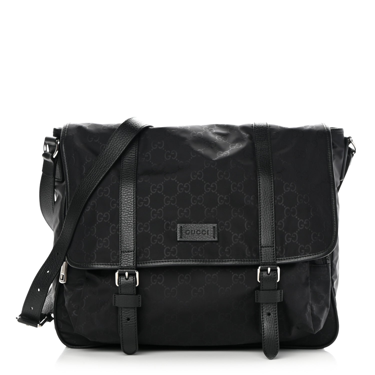 Gucci Nylon Monogram Double Buckle Flap Messenger Bag Black 1 of 10