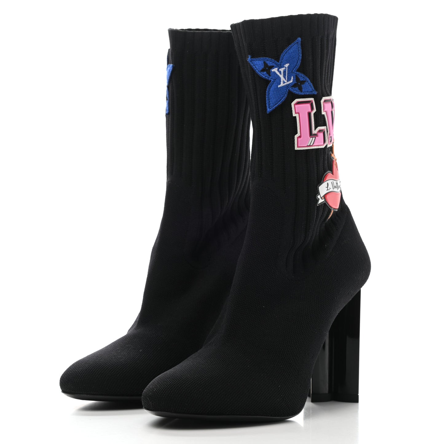Stretch Fabric LV Black Heart Sock Ankle Boots 37.5 Black