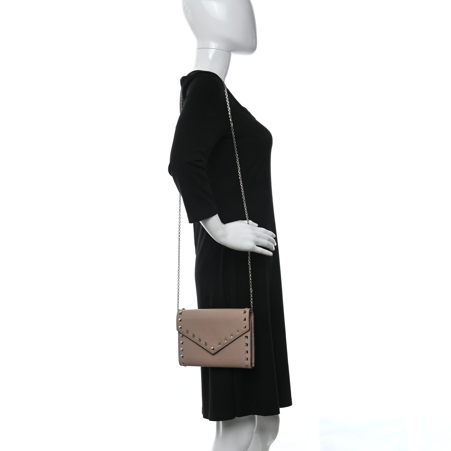 Pebbled Calfskin Rockstud Envelope Wallet on Chain Poudre