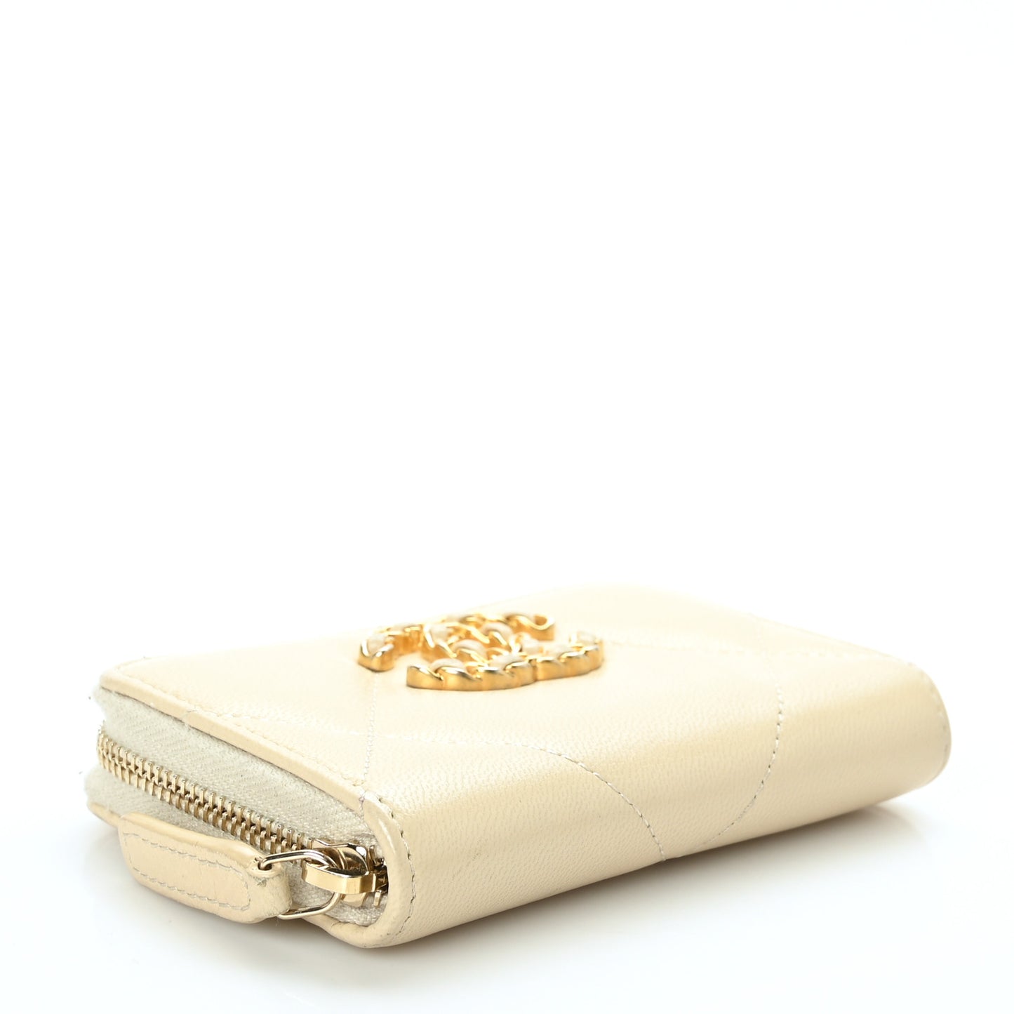 Lambskin Quilted 19 Zip Around Coin Purse Wallet Beige