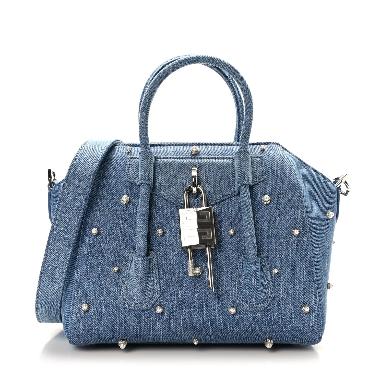 Denim Pearl Embellished Mini Lock Antigona Shoulder Bag Blue