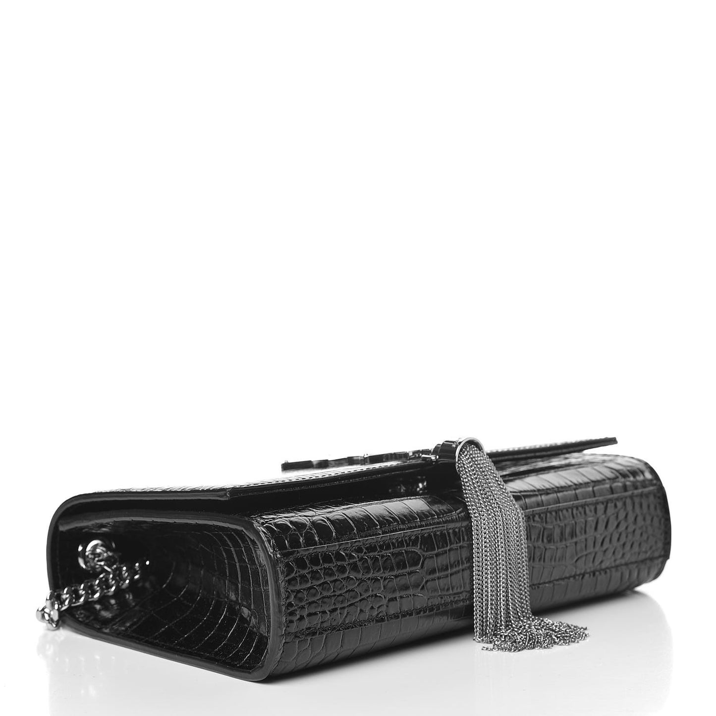 Calfskin Crocodile Embossed Small Classic Monogram Kate Tassel Satchel Black