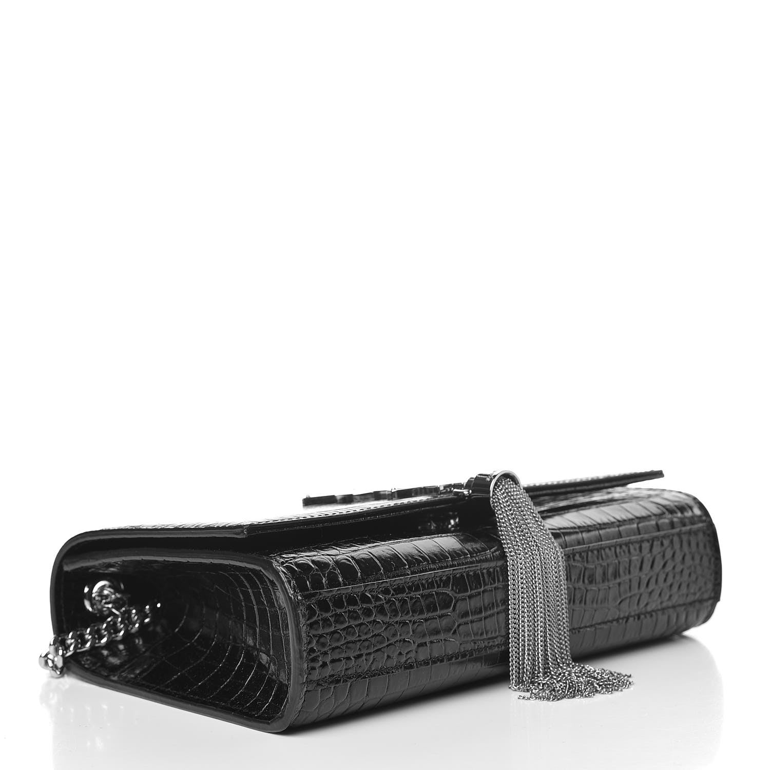 Saint Laurent Calfskin Crocodile Embossed Small Classic Monogram Kate Tassel Satchel Black 4 of 9