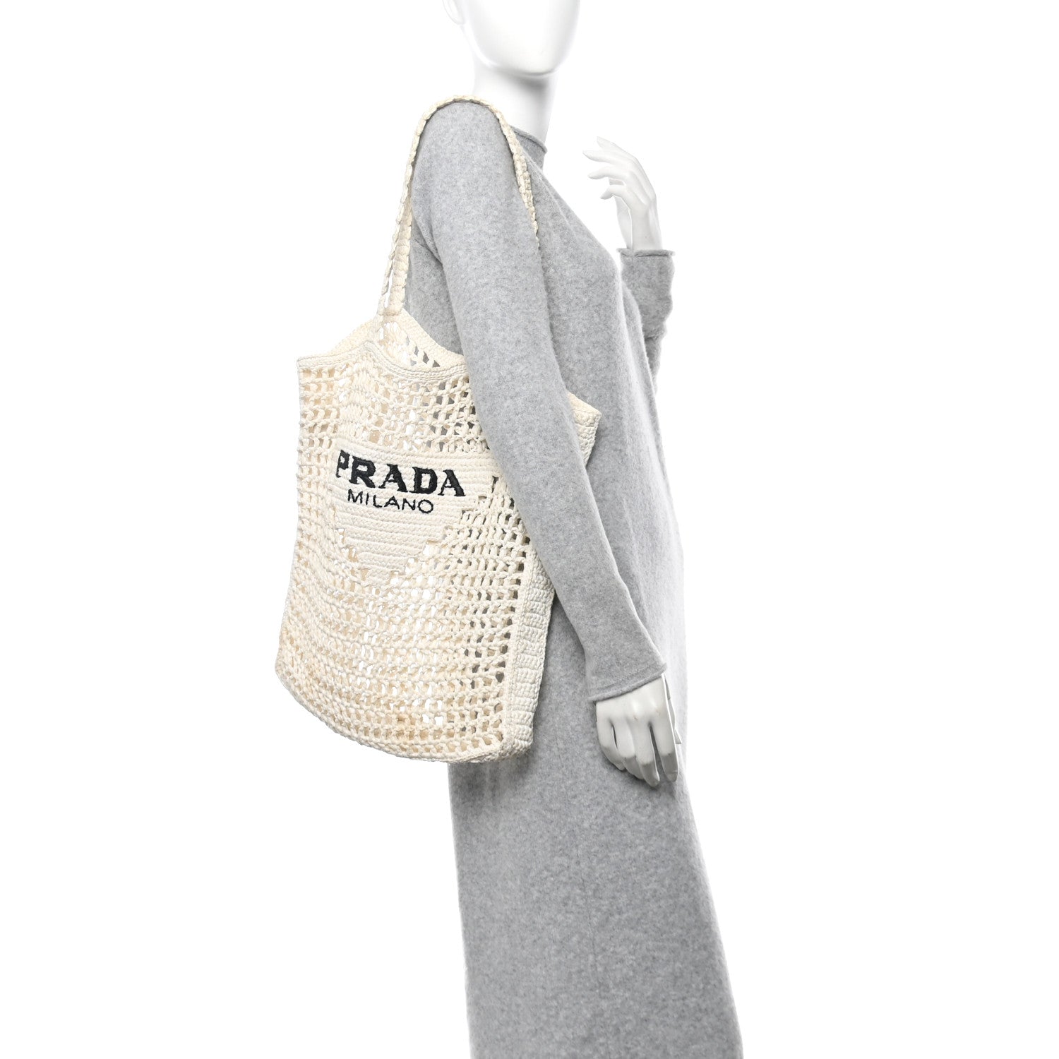 Prada Yarn Raffia Effect Crochet Logo Embroidered Tote Bag White 2 of 12