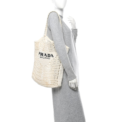 Prada Yarn Raffia Effect Crochet Logo Embroidered Tote Bag White 2 of 12