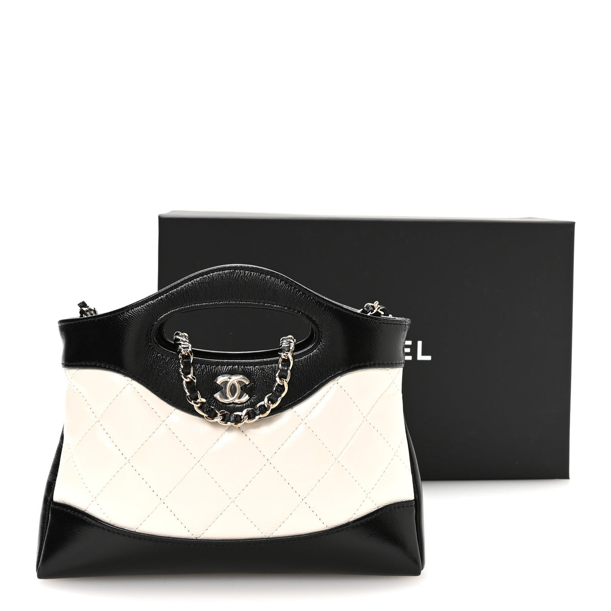 Shiny Crumpled Calfskin Quilted Nano 31 Shopping Bag White Black