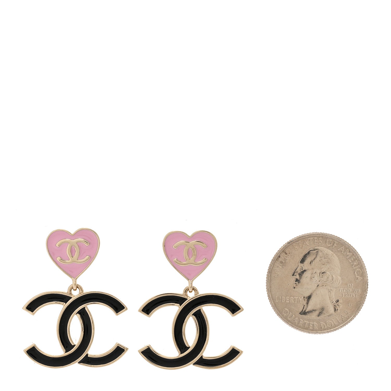 Chanel Metal Enamel CC Heart Drop Earrings Gold Black Pink 2 of 4