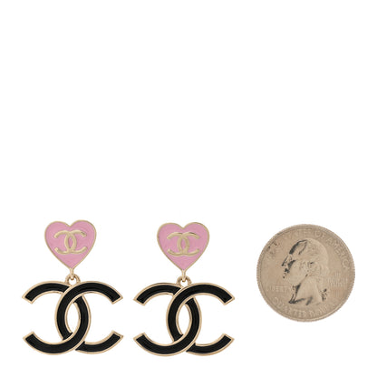 Chanel Metal Enamel CC Heart Drop Earrings Gold Black Pink 2 of 4
