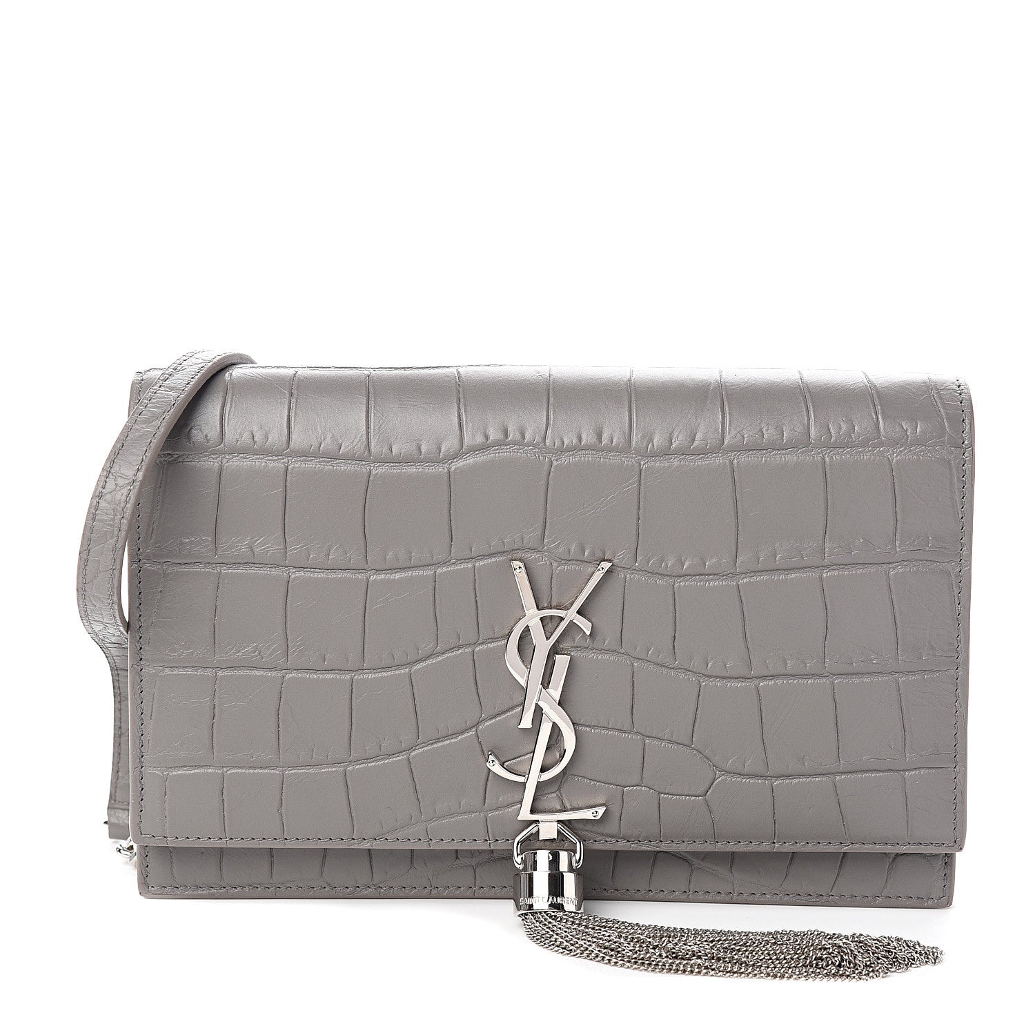 Saint Laurent Calfskin Crocodile Embossed Kate Monogram Tassel Chain Wallet Fog 1 of 9