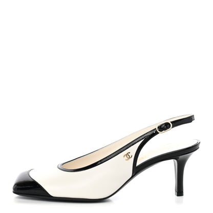 Chanel Lambskin Patent Calfskin Cap Toe CC Slingback Pumps 38 White Black 1 of 12