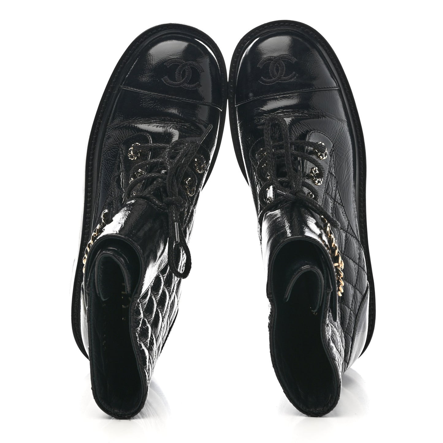 Shiny Lambskin Quilted Lace Up Combat Boots 38.5 Black