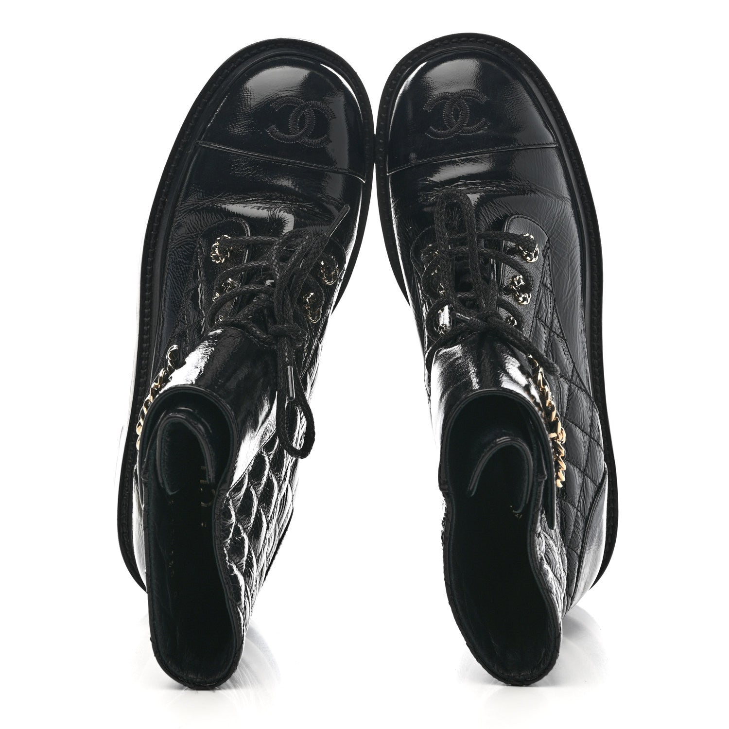 Chanel Shiny Lambskin Quilted Lace Up Combat Boots 38.5 Black 2 of 10