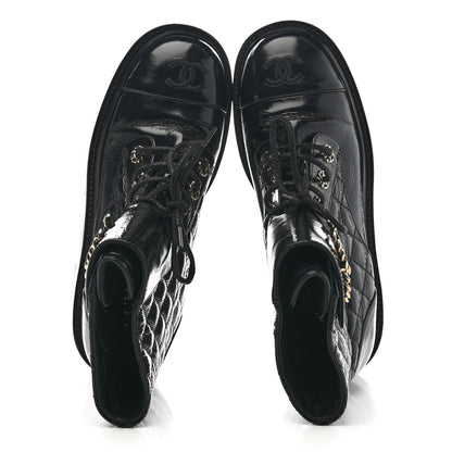Chanel Shiny Lambskin Quilted Lace Up Combat Boots 38.5 Black 2 of 10