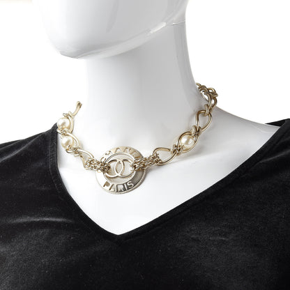 Chanel Metal Pearl Chain CC Paris Pendant Necklace Light Gold 2 of 5