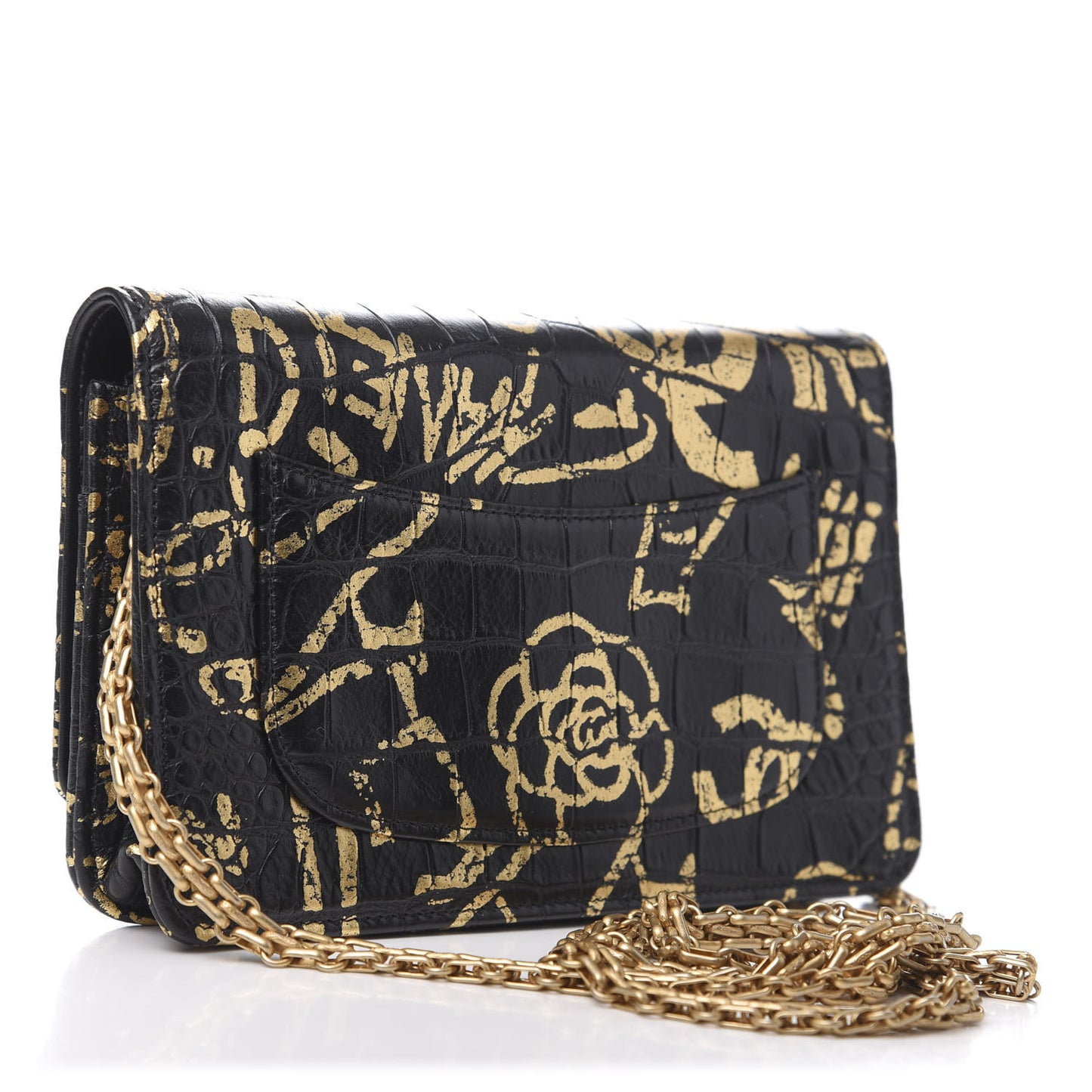 Calfskin Crocodile Embossed Graffiti 2.55 Cocodile Reissue Wallet On Chain WOC Black Gold