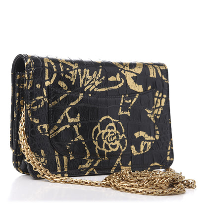 Chanel Calfskin Crocodile Embossed Graffiti 2.55 Cocodile Reissue Wallet On Chain WOC Black Gold 14 of 22