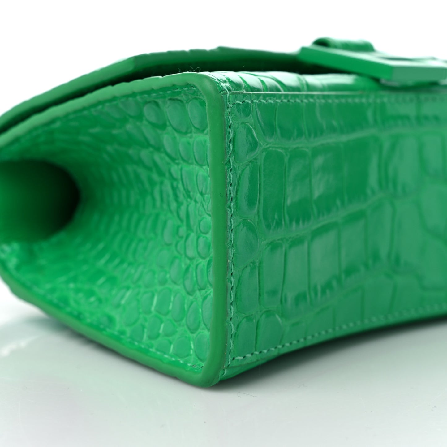 Shiny Calfskin Tonal B Crocodile Embossed Hourglass Top Handle Bag XS Vivid Green