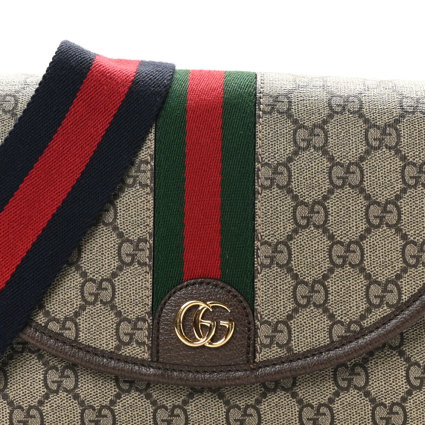 GG Supreme Monogram Textured Dollar Calfskin Web Studded Mini Ophidia Flap Shoulder Bag Beige Ebony New Acero