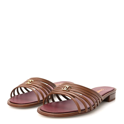 Chanel Goatskin Caged CC Slide Sandals 37.5 Light Brown 4 of 9
