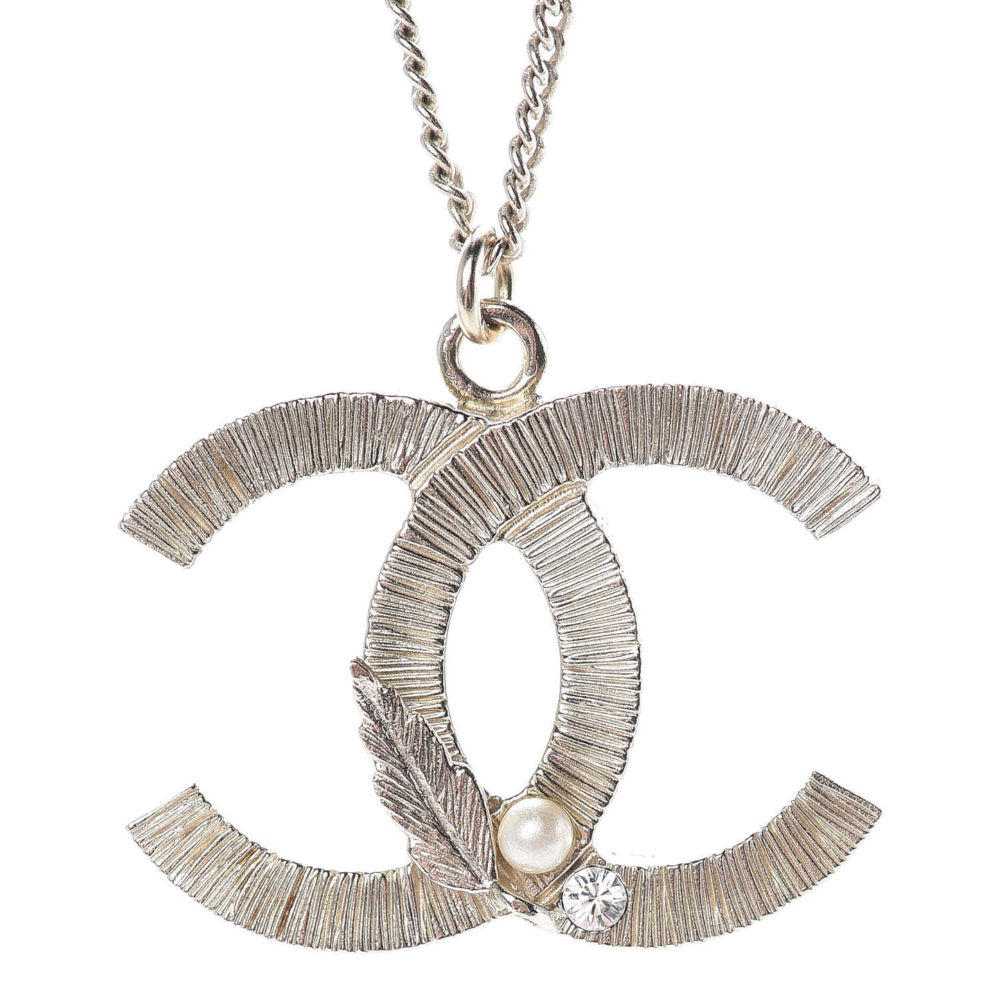 Crystal Pearl Leaf CC Necklace Gold