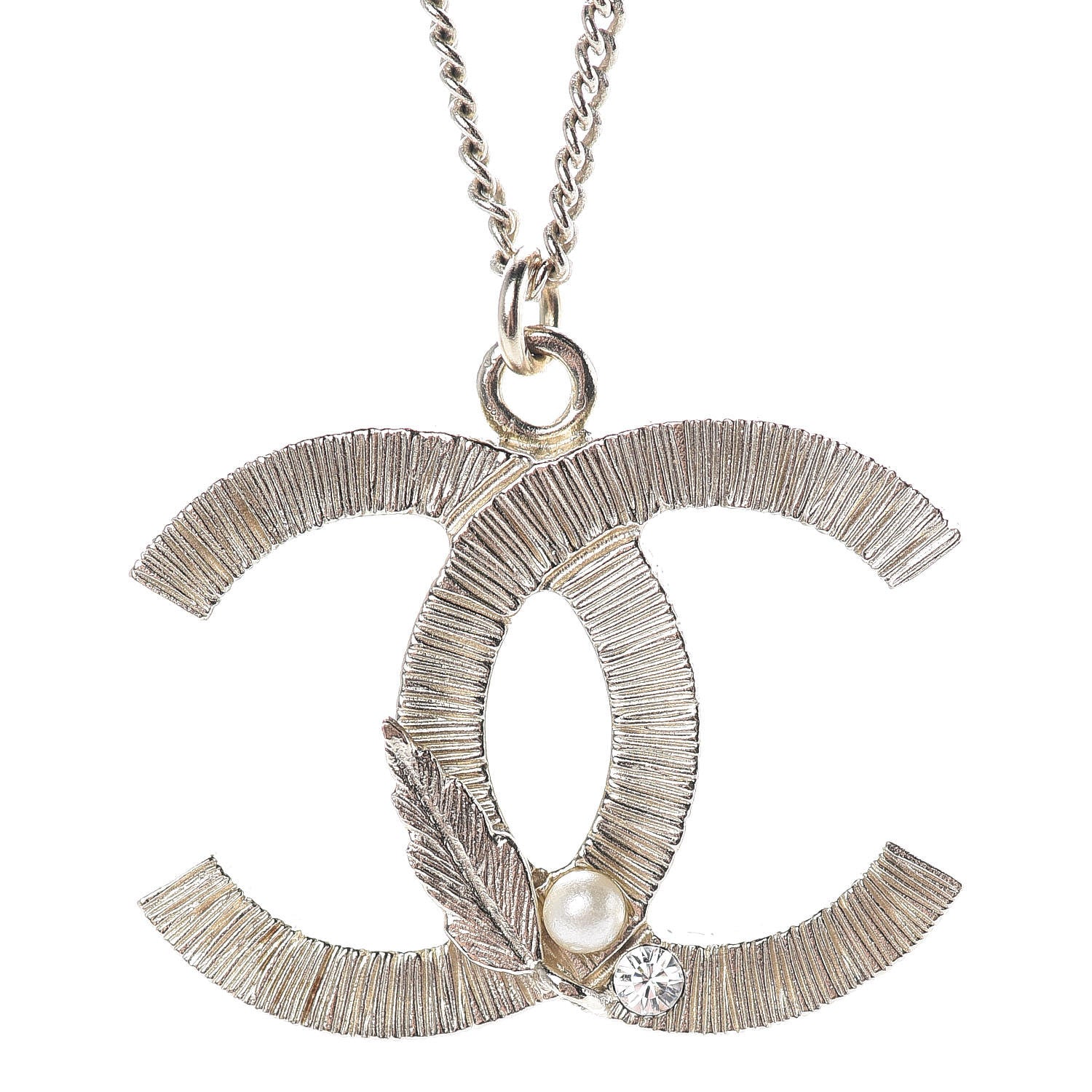 Chanel Crystal Pearl Leaf CC Necklace Gold 6 of 7