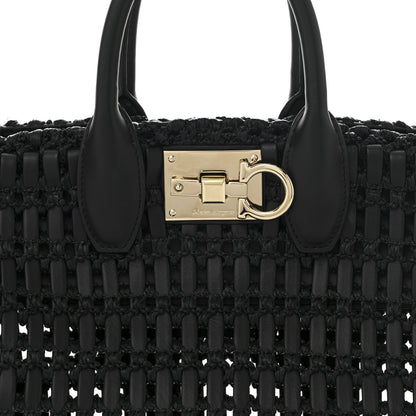 Salvatore Ferragamo Raffia Calfskin The Studio Box Tote Black 9 of 12