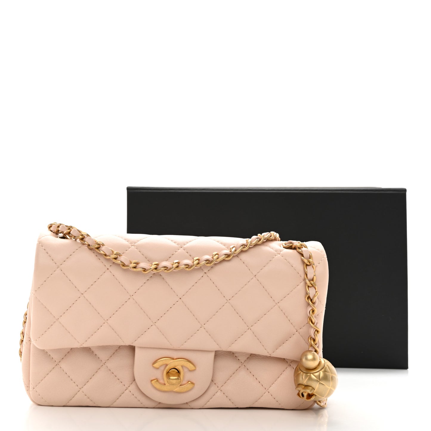 Lambskin Quilted Mini Rectangular Pearl Crush Flap Light Beige